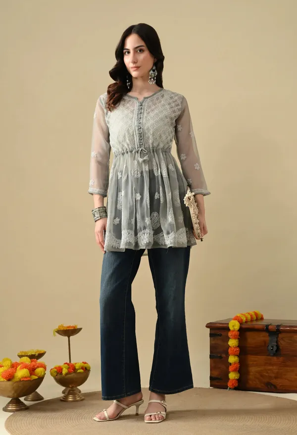 Soft_Geaorgette_Chikan_Handwork_Short_Gown_Grey_Grey