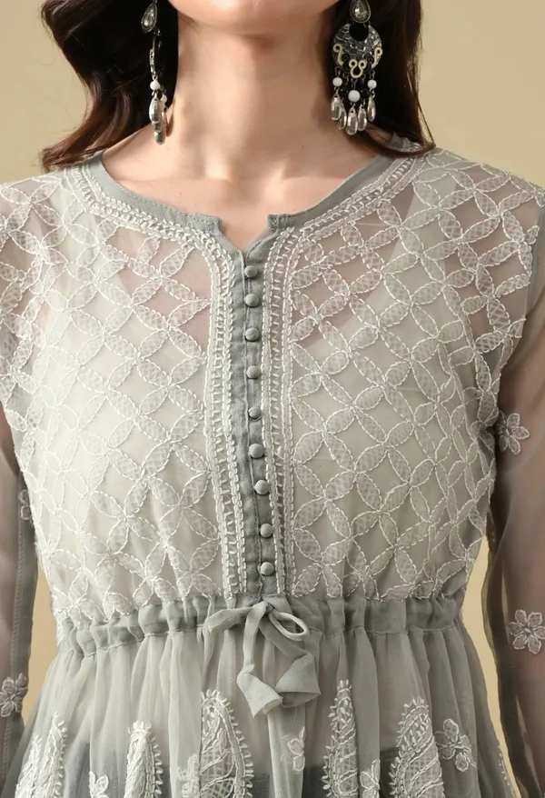 Soft_Geaorgette_Chikan_Handwork_Short_Gown_Grey_Grey