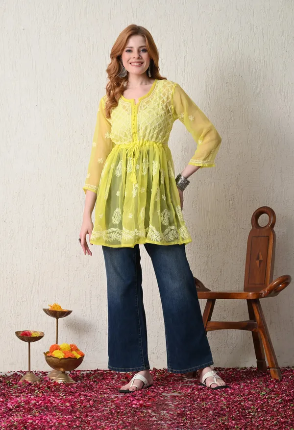 Soft_Geaorgette_Chikan_Handwork_Short_Gown_Lemon_Yellow_Grey