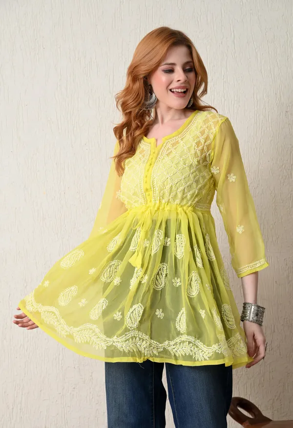 Soft_Geaorgette_Chikan_Handwork_Short_Gown_Lemon_Yellow_Grey