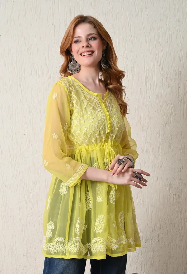 Soft_Geaorgette_Chikan_Handwork_Short_Gown_Lemon_Yellow_Grey