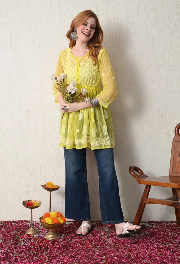 Soft_Geaorgette_Chikan_Handwork_Short_Gown_Lemon_Yellow_Grey