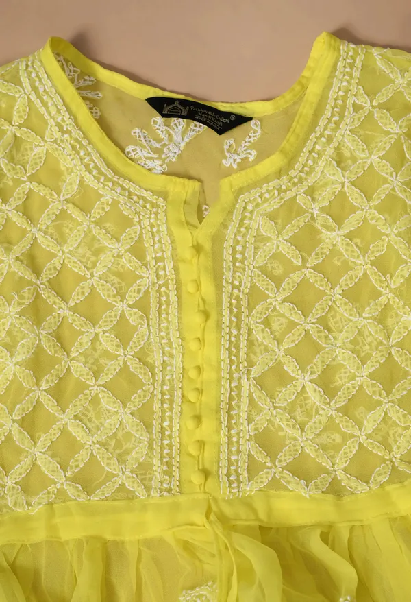Soft_Geaorgette_Chikan_Handwork_Short_Gown_Lemon_Yellow_Grey