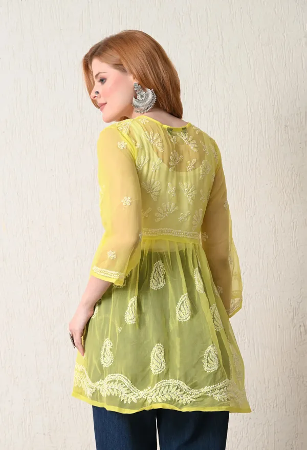 Soft_Geaorgette_Chikan_Handwork_Short_Gown_Lemon_Yellow_Grey