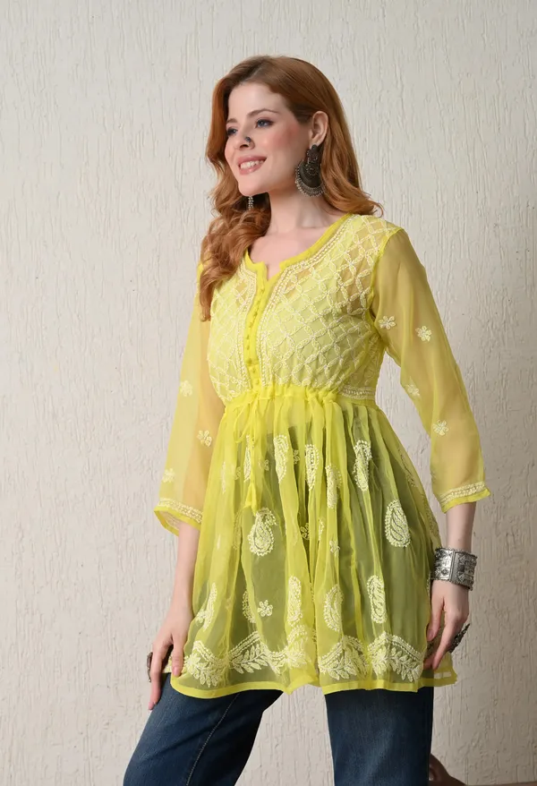Soft_Geaorgette_Chikan_Handwork_Short_Gown_Lemon_Yellow_Grey