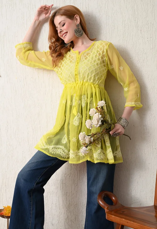 Soft_Geaorgette_Chikan_Handwork_Short_Gown_Lemon_Yellow_Grey