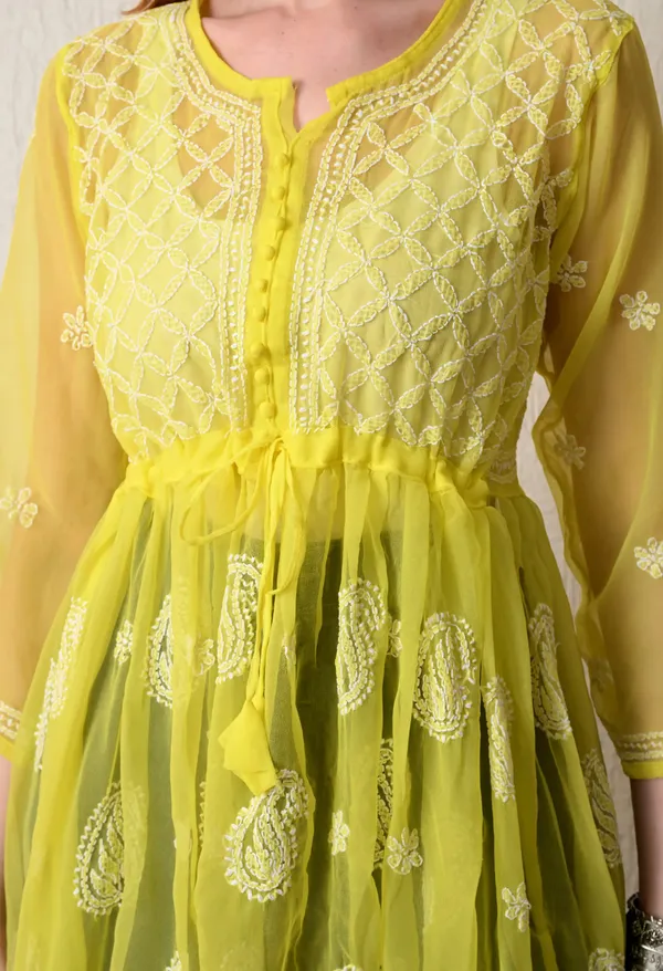 Soft_Geaorgette_Chikan_Handwork_Short_Gown_Lemon_Yellow_Grey