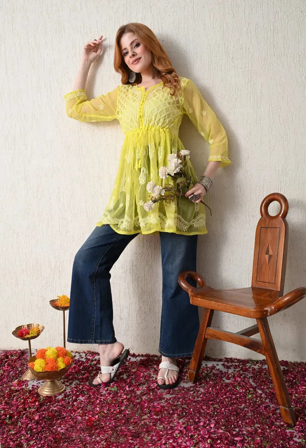 Soft_Geaorgette_Chikan_Handwork_Short_Gown_Lemon_Yellow_Grey