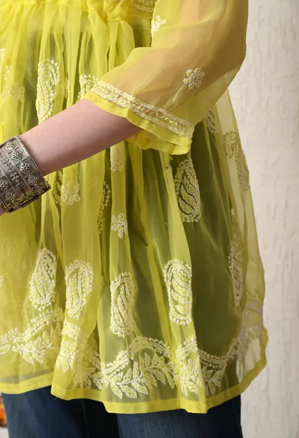 Soft_Geaorgette_Chikan_Handwork_Short_Gown_Lemon_Yellow_Grey