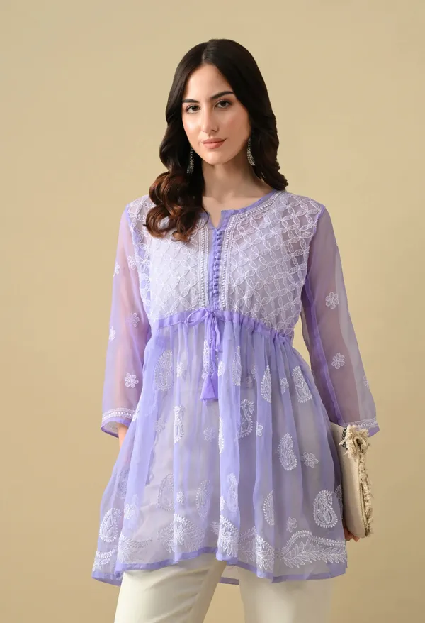 Soft_Geaorgette_Chikan_Handwork_Short_Gown_Lavender_Lavendar