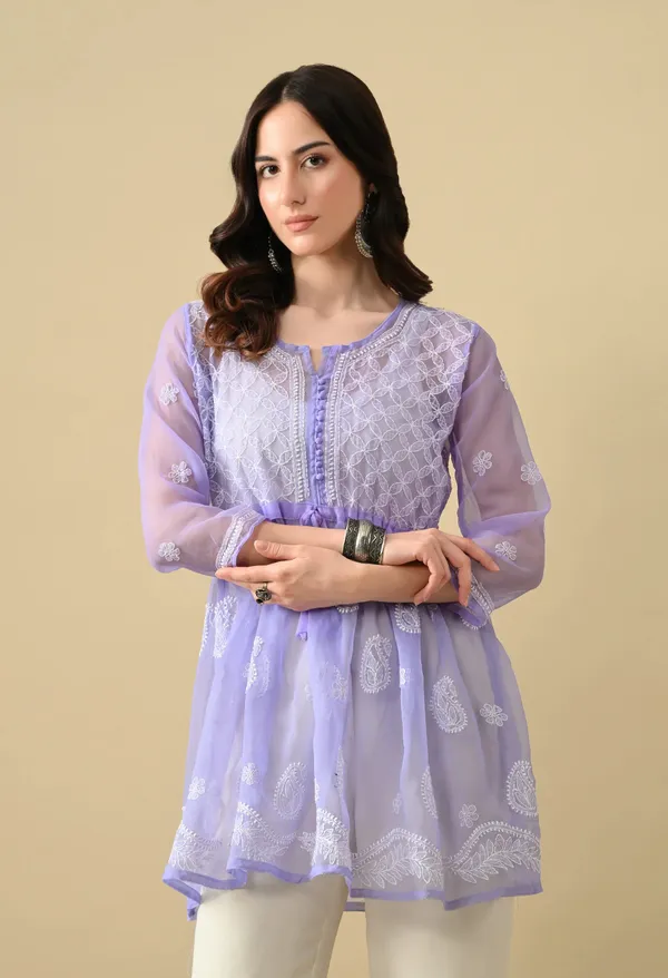 Soft_Geaorgette_Chikan_Handwork_Short_Gown_Lavender_Lavendar