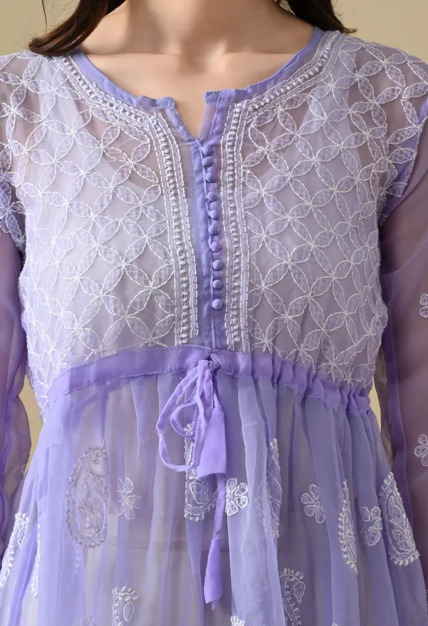 Soft_Geaorgette_Chikan_Handwork_Short_Gown_Lavender_Lavendar