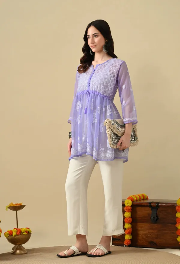 Soft_Geaorgette_Chikan_Handwork_Short_Gown_Lavender_Lavendar