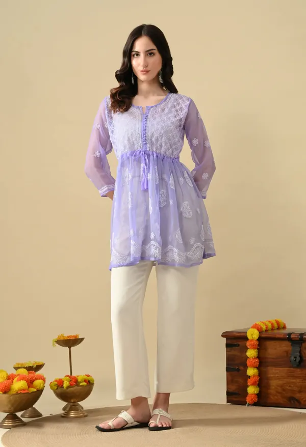 Soft_Geaorgette_Chikan_Handwork_Short_Gown_Lavender_Lavendar