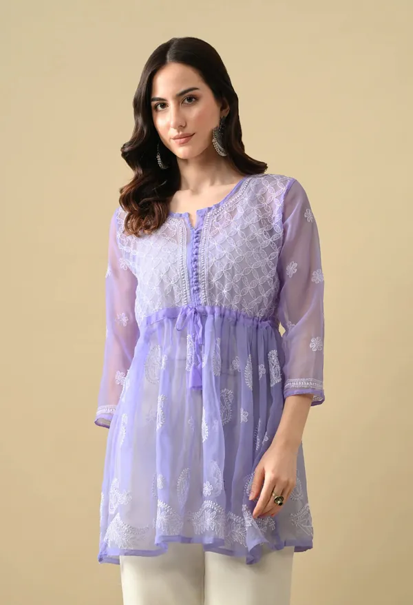 Soft_Geaorgette_Chikan_Handwork_Short_Gown_Lavender_Lavendar