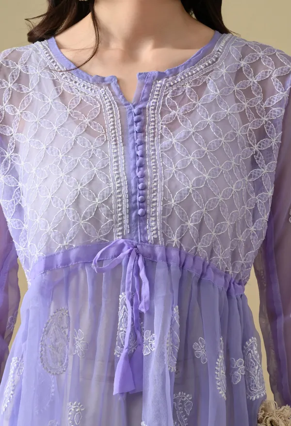 Soft_Geaorgette_Chikan_Handwork_Short_Gown_Lavender_Lavendar