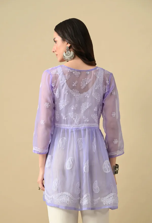 Soft_Geaorgette_Chikan_Handwork_Short_Gown_Lavender_Lavendar