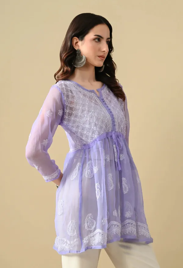 Soft_Geaorgette_Chikan_Handwork_Short_Gown_Lavender_Lavendar