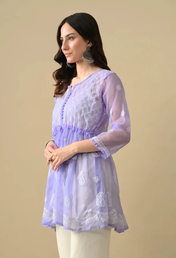 Soft_Geaorgette_Chikan_Handwork_Short_Gown_Lavender_Lavendar