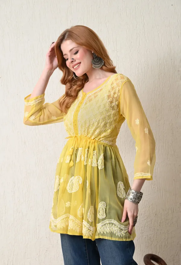 Soft_Geaorgette_Chikan_Handwork_Short_Gown_Mango_Yellow_Mango_Yellow