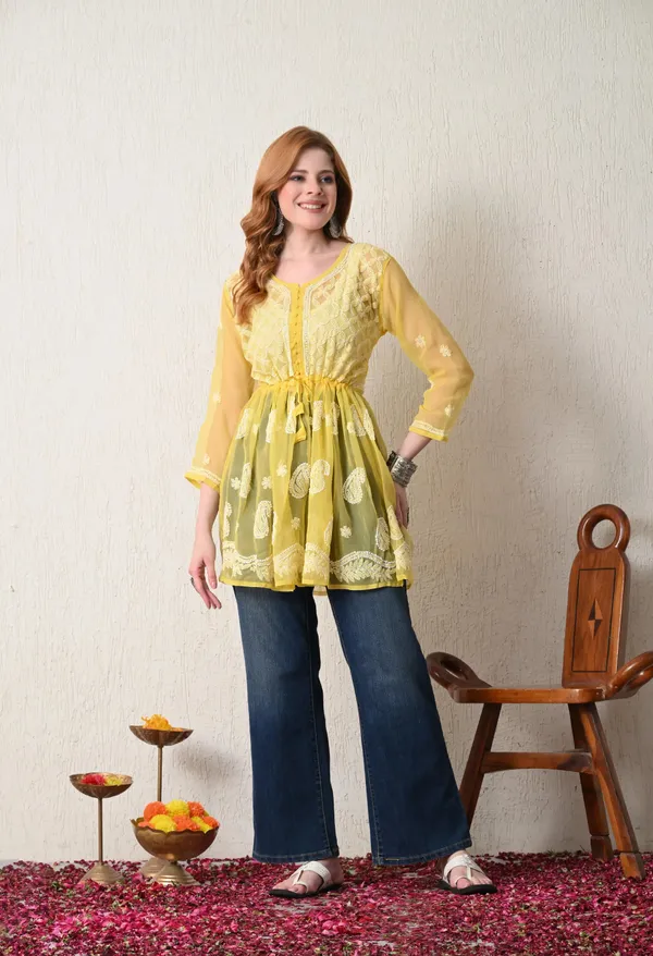 Soft_Geaorgette_Chikan_Handwork_Short_Gown_Mango_Yellow_Mango_Yellow