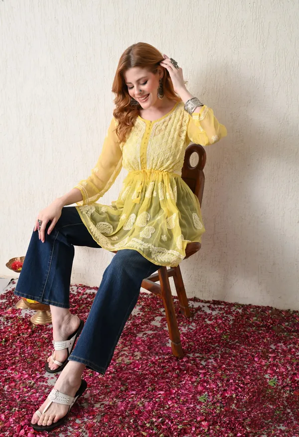 Soft_Geaorgette_Chikan_Handwork_Short_Gown_Mango_Yellow_Mango_Yellow