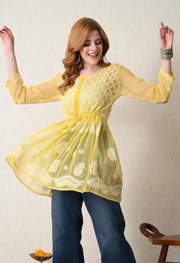 Soft_Geaorgette_Chikan_Handwork_Short_Gown_Mango_Yellow_Mango_Yellow