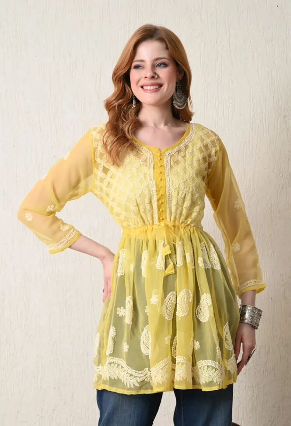 Soft_Geaorgette_Chikan_Handwork_Short_Gown_Mango_Yellow_Mango_Yellow
