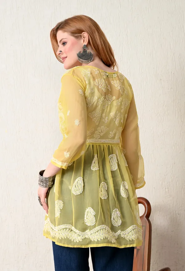 Soft_Geaorgette_Chikan_Handwork_Short_Gown_Mango_Yellow_Mango_Yellow