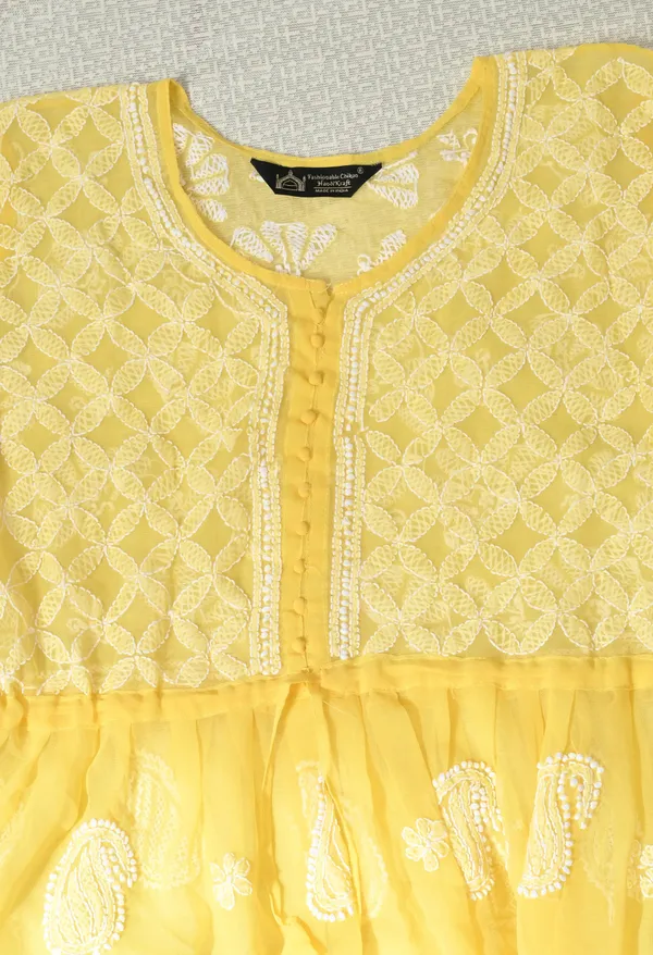 Soft_Geaorgette_Chikan_Handwork_Short_Gown_Mango_Yellow_Mango_Yellow