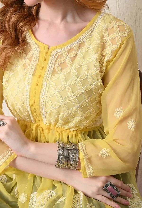 Soft_Geaorgette_Chikan_Handwork_Short_Gown_Mango_Yellow_Mango_Yellow