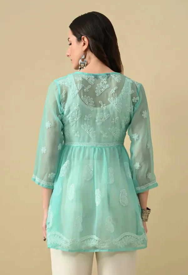 Soft_Geaorgette_Chikan_Handwork_Short_Gown_Mint_Green_Mint_Green