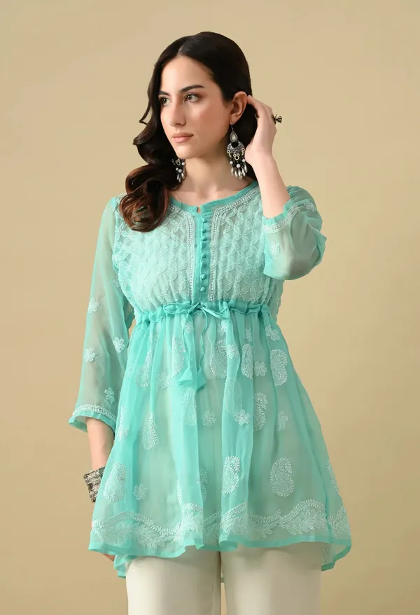 Soft_Geaorgette_Chikan_Handwork_Short_Gown_Mint_Green_Mint_Green