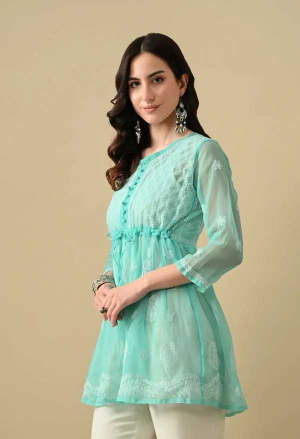 Soft_Geaorgette_Chikan_Handwork_Short_Gown_Mint_Green_Mint_Green