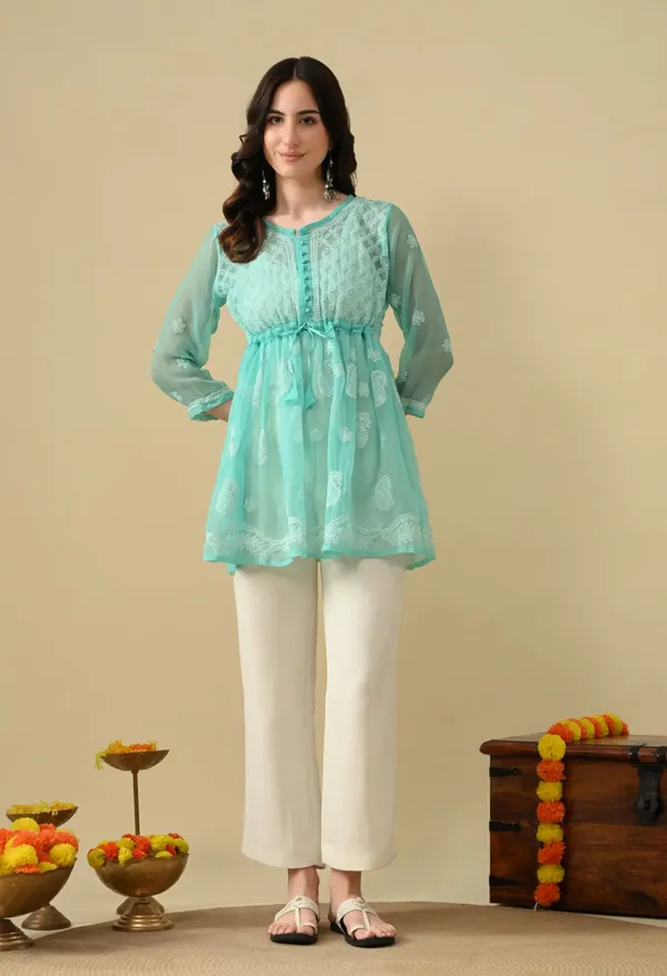 Soft_Geaorgette_Chikan_Handwork_Short_Gown_Mint_Green_Mint_Green