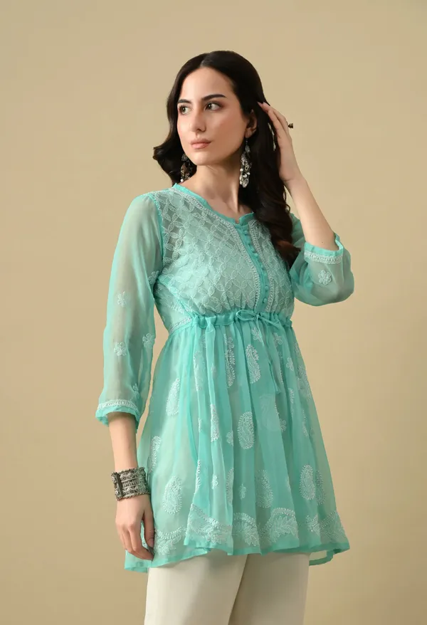 Soft_Geaorgette_Chikan_Handwork_Short_Gown_Mint_Green_Mint_Green