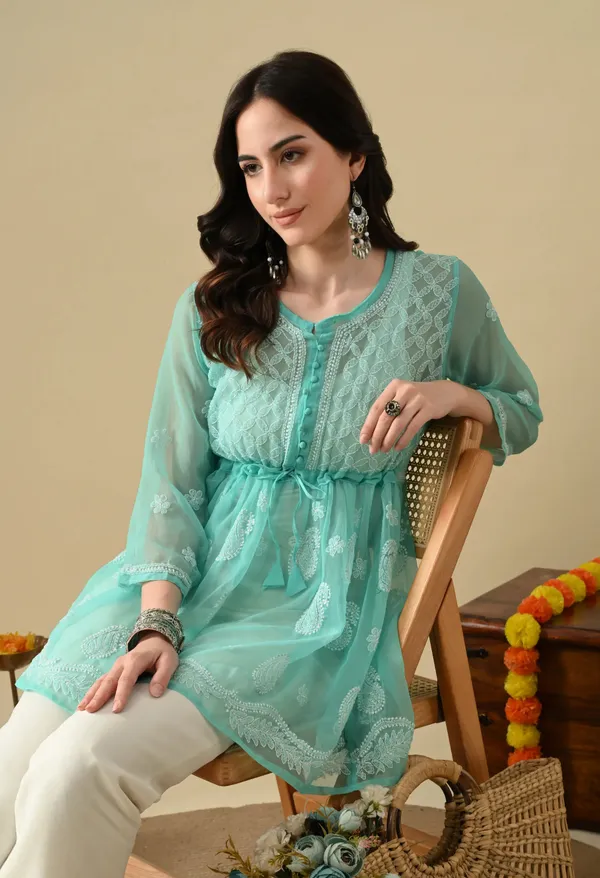 Soft_Geaorgette_Chikan_Handwork_Short_Gown_Mint_Green_Mint_Green