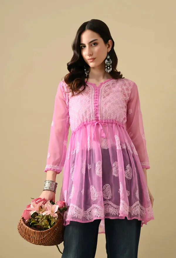 Soft_Geaorgette_Chikan_Handwork_Short_Gown_Pink_Pink