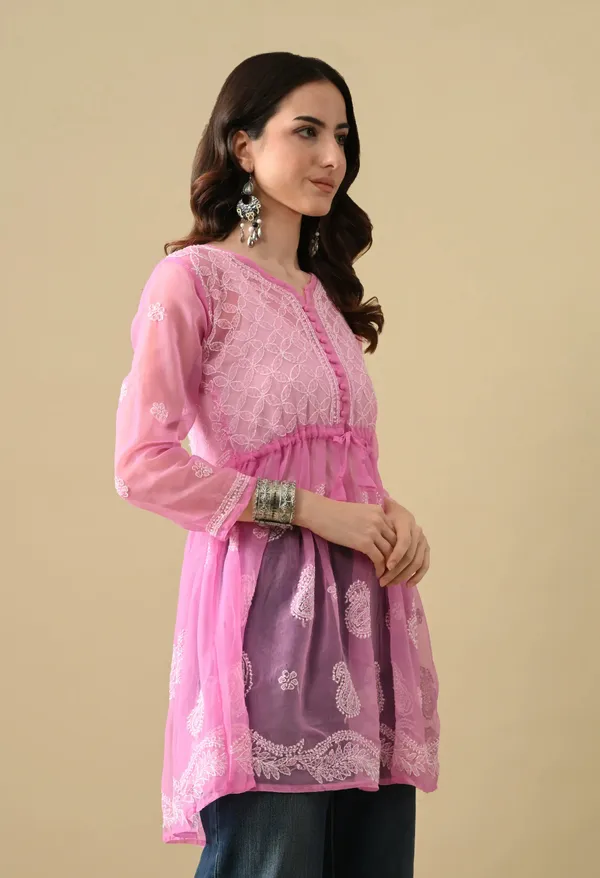 Soft_Geaorgette_Chikan_Handwork_Short_Gown_Pink_Pink