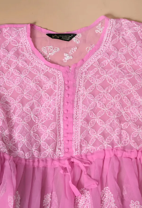Soft_Geaorgette_Chikan_Handwork_Short_Gown_Pink_Pink