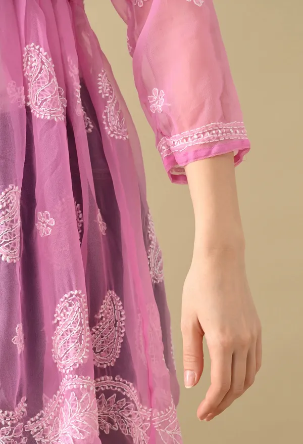 Soft_Geaorgette_Chikan_Handwork_Short_Gown_Pink_Pink