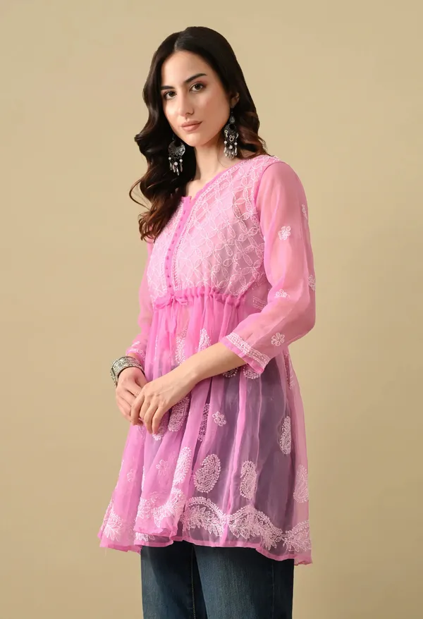 Soft_Geaorgette_Chikan_Handwork_Short_Gown_Pink_Pink