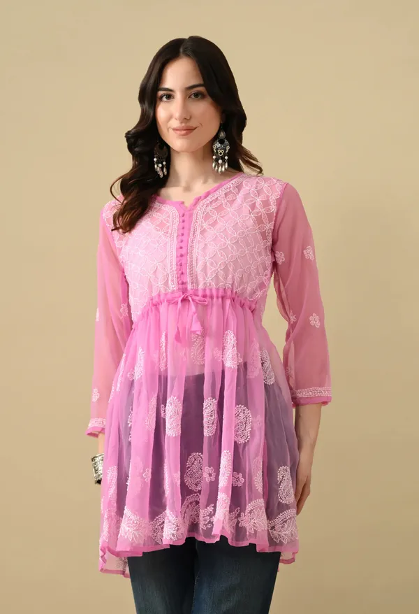 Soft_Geaorgette_Chikan_Handwork_Short_Gown_Pink_Pink