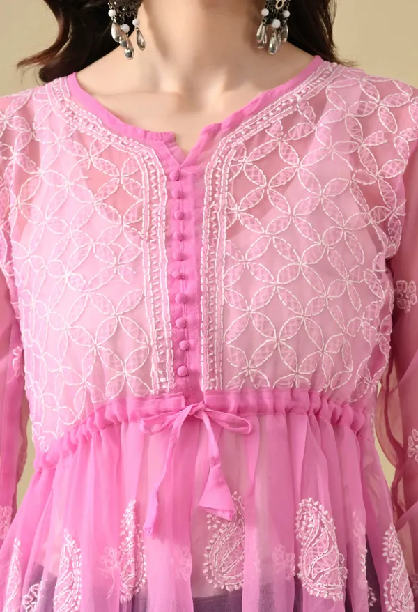 Soft_Geaorgette_Chikan_Handwork_Short_Gown_Pink_Pink