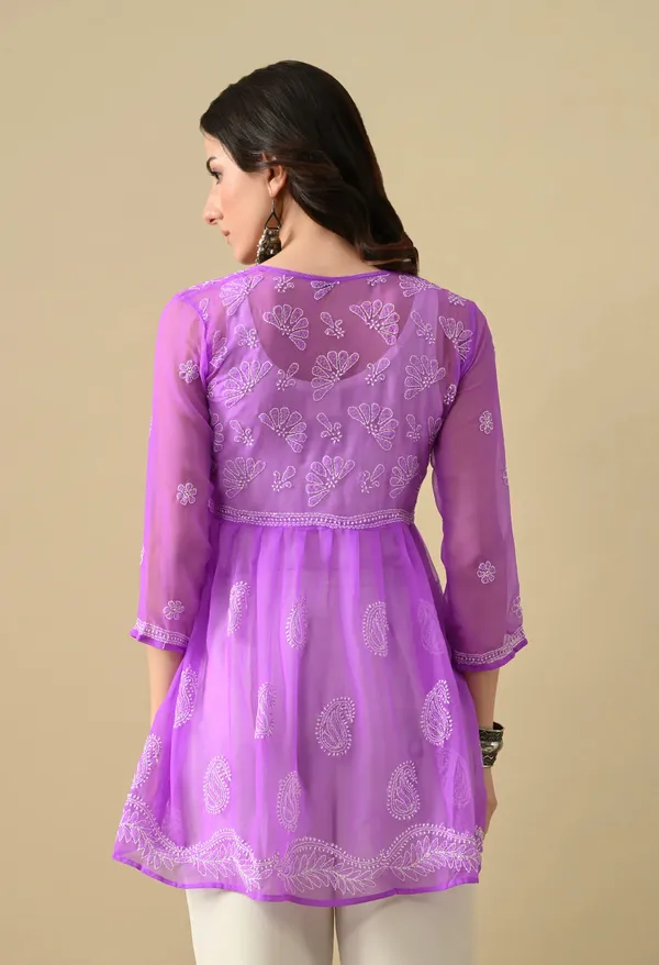 Soft_Geaorgette_Chikan_Handwork_Short_Gown_Purple_Purple