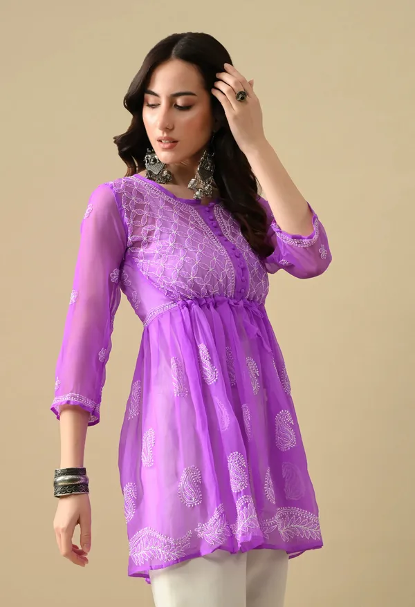 Soft_Geaorgette_Chikan_Handwork_Short_Gown_Purple_Purple