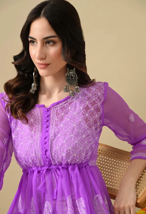 Soft_Geaorgette_Chikan_Handwork_Short_Gown_Purple_Purple