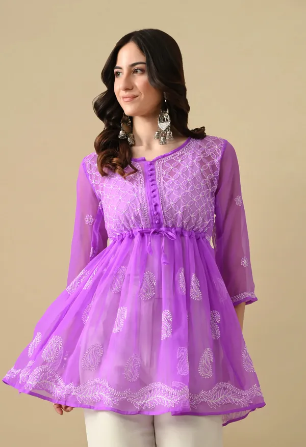 Soft_Geaorgette_Chikan_Handwork_Short_Gown_Purple_Purple
