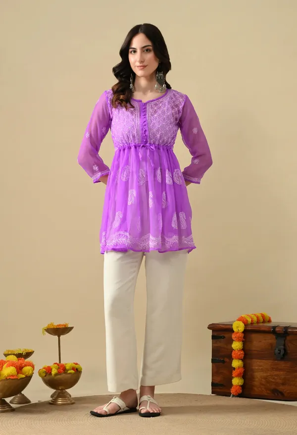 Soft_Geaorgette_Chikan_Handwork_Short_Gown_Purple_Purple