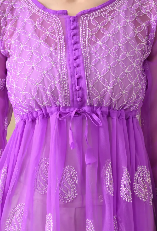 Soft_Geaorgette_Chikan_Handwork_Short_Gown_Purple_Purple